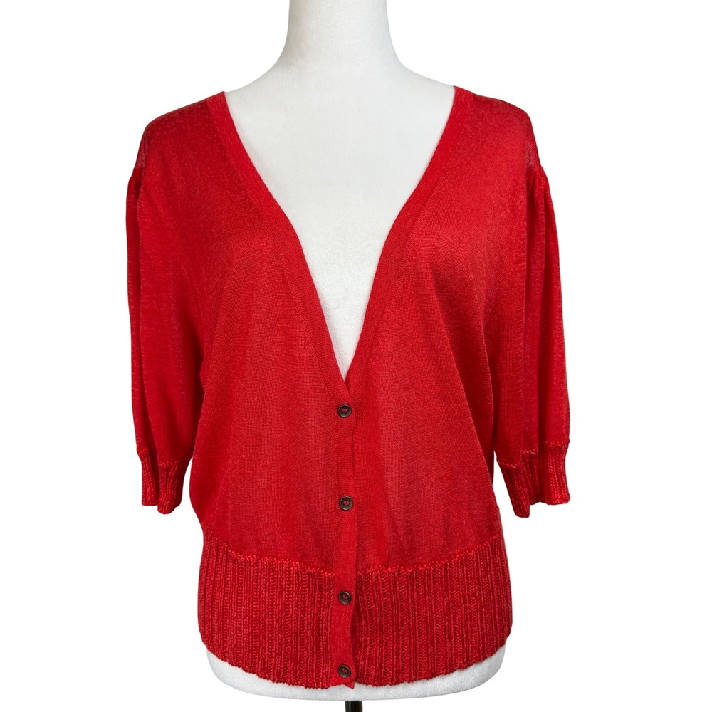 New York & Company Cardigan Women XL Red Ramie Viscose Knit V-Neck Short Sleeve